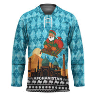 Afghanistan Christmas Hockey Jersey with Santa on Flying Carpet Mosque Camels and Desert Sunset Design - Wonder Print Shop