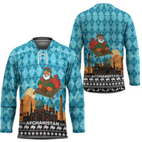 Afghanistan Christmas Hockey Jersey with Santa on Flying Carpet Mosque Camels and Desert Sunset Design - Wonder Print Shop