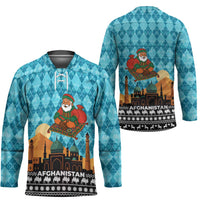 Afghanistan Christmas Hockey Jersey with Santa on Flying Carpet Mosque Camels and Desert Sunset Design - Wonder Print Shop