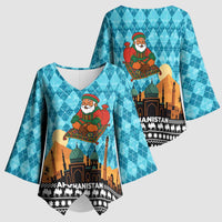 Afghanistan Christmas Kimono Sleeve Blouse with Santa on Flying Carpet Mosque Camels and Desert Sunset Design - Wonder Print Shop