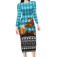 Afghanistan Christmas Long Sleeve Bodycon Dress with Santa on Flying Carpet Mosque Camels and Desert Sunset Design - Wonder Print Shop