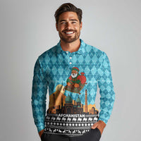 Afghanistan Christmas Long Sleeve Polo Shirt with Santa on Flying Carpet Mosque Camels and Desert Sunset Design - Wonder Print Shop