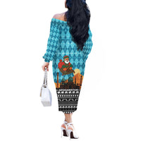 Afghanistan Christmas Off The Shoulder Long Sleeve Dress with Santa on Flying Carpet Mosque Camels and Desert Sunset Design - Wonder Print Shop