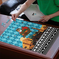Afghanistan Christmas Puzzle with Santa on Flying Carpet Mosque Camels and Desert Sunset Design - Wonder Print Shop
