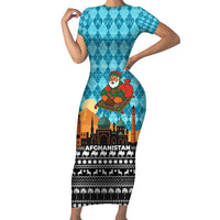 Afghanistan Christmas Short Sleeve Bodycon Dress with Santa on Flying Carpet Mosque Camels and Desert Sunset Design - Wonder Print Shop