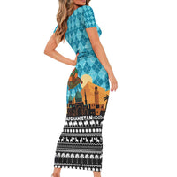Afghanistan Christmas Short Sleeve Bodycon Dress with Santa on Flying Carpet Mosque Camels and Desert Sunset Design - Wonder Print Shop