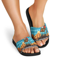 Afghanistan Christmas Slide Sandals with Santa on Flying Carpet Mosque Camels and Desert Sunset Design - Wonder Print Shop