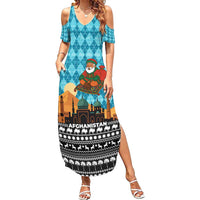 Afghanistan Christmas Summer Maxi Dress with Santa on Flying Carpet Mosque Camels and Desert Sunset Design - Wonder Print Shop