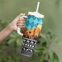 Afghanistan Christmas Tumbler With Handle with Santa on Flying Carpet Mosque Camels and Desert Sunset Design - Wonder Print Shop