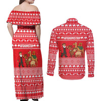 Afghanistan Christmas Couples Matching Off Shoulder Maxi Dress and Long Sleeve Button Shirt with Santa Camels Sheep Traditional Pattern and Festive Design - Wonder Print Shop