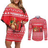 Afghanistan Christmas Couples Matching Off Shoulder Short Dress and Long Sleeve Button Shirt with Santa Camels Sheep Traditional Pattern and Festive Design - Wonder Print Shop