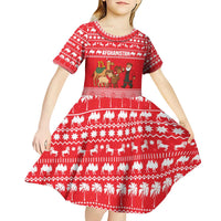 Afghanistan Christmas Kid Short Sleeve Dress with Santa Camels Sheep Traditional Pattern and Festive Design - Wonder Print Shop