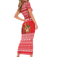 Afghanistan Christmas Short Sleeve Bodycon Dress with Santa Camels Sheep Traditional Pattern and Festive Design - Wonder Print Shop