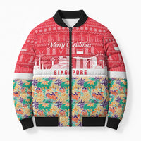Singapore Christmas Bomber Puffer Jacket with Skyline Batik Patterns Landmark Silhouettes and Festive Design - Wonder Print Shop