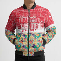 Singapore Christmas Bomber Puffer Jacket with Skyline Batik Patterns Landmark Silhouettes and Festive Design - Wonder Print Shop