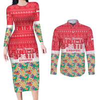 Singapore Christmas Couples Matching Long Sleeve Bodycon Dress and Long Sleeve Button Shirt with Skyline Batik Patterns Landmark Silhouettes and Festive Design - Wonder Print Shop
