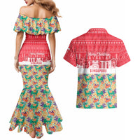 Singapore Christmas Couples Matching Mermaid Dress and Hawaiian Shirt with Skyline Batik Patterns Landmark Silhouettes and Festive Design - Wonder Print Shop