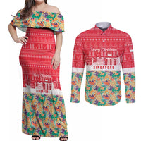 Singapore Christmas Couples Matching Off Shoulder Maxi Dress and Long Sleeve Button Shirt with Skyline Batik Patterns Landmark Silhouettes and Festive Design - Wonder Print Shop