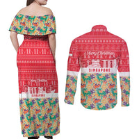 Singapore Christmas Couples Matching Off Shoulder Maxi Dress and Long Sleeve Button Shirt with Skyline Batik Patterns Landmark Silhouettes and Festive Design - Wonder Print Shop
