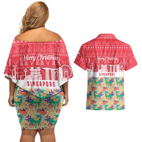 Singapore Christmas Couples Matching Off Shoulder Short Dress and Hawaiian Shirt with Skyline Batik Patterns Landmark Silhouettes and Festive Design - Wonder Print Shop