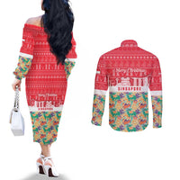 Singapore Christmas Couples Matching Off The Shoulder Long Sleeve Dress and Long Sleeve Button Shirt with Skyline Batik Patterns Landmark Silhouettes and Festive Design - Wonder Print Shop