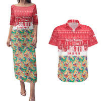 Singapore Christmas Couples Matching Puletasi and Hawaiian Shirt with Skyline Batik Patterns Landmark Silhouettes and Festive Design - Wonder Print Shop