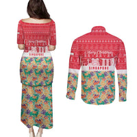 Singapore Christmas Couples Matching Puletasi and Long Sleeve Button Shirt with Skyline Batik Patterns Landmark Silhouettes and Festive Design - Wonder Print Shop