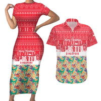 Singapore Christmas Couples Matching Short Sleeve Bodycon Dress and Hawaiian Shirt with Skyline Batik Patterns Landmark Silhouettes and Festive Design - Wonder Print Shop