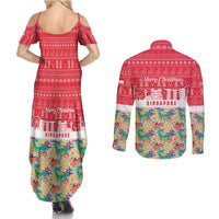 Singapore Christmas Couples Matching Summer Maxi Dress and Long Sleeve Button Shirt with Skyline Batik Patterns Landmark Silhouettes and Festive Design - Wonder Print Shop