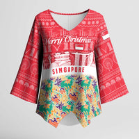 Singapore Christmas Kimono Sleeve Blouse with Skyline Batik Patterns Landmark Silhouettes and Festive Design - Wonder Print Shop