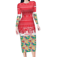 Singapore Christmas Long Sleeve Bodycon Dress with Skyline Batik Patterns Landmark Silhouettes and Festive Design - Wonder Print Shop