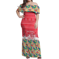 Singapore Christmas Off Shoulder Maxi Dress with Skyline Batik Patterns Landmark Silhouettes and Festive Design - Wonder Print Shop