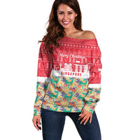 Singapore Christmas Off Shoulder Sweater with Skyline Batik Patterns Landmark Silhouettes and Festive Design - Wonder Print Shop