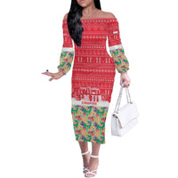 Singapore Christmas Off The Shoulder Long Sleeve Dress with Skyline Batik Patterns Landmark Silhouettes and Festive Design - Wonder Print Shop
