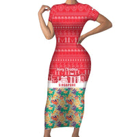 Singapore Christmas Short Sleeve Bodycon Dress with Skyline Batik Patterns Landmark Silhouettes and Festive Design - Wonder Print Shop