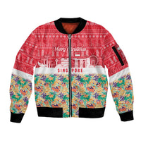 Singapore Christmas Sleeve Zip Bomber Jacket with Skyline Batik Patterns Landmark Silhouettes and Festive Design - Wonder Print Shop
