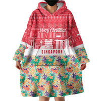 Singapore Christmas Wearable Blanket Hoodie with Skyline Batik Patterns Landmark Silhouettes and Festive Design - Wonder Print Shop