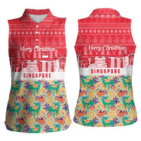 Singapore Christmas Women Sleeveless Polo Shirt with Skyline Batik Patterns Landmark Silhouettes and Festive Design - Wonder Print Shop