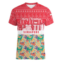 Singapore Christmas Women V-Neck T-Shirt with Skyline Batik Patterns Landmark Silhouettes and Festive Design - Wonder Print Shop