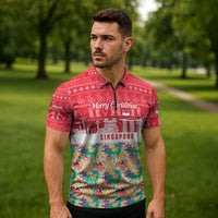 Singapore Christmas Zipper Polo Shirt with Skyline Batik Patterns Landmark Silhouettes and Festive Design - Wonder Print Shop