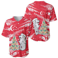 Singapore Christmas Baseball Jersey with Merlion Santa Hat Batik Christmas Tree and City Skyline Design - Wonder Print Shop