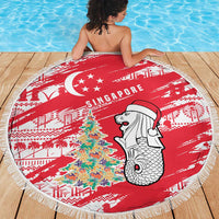 Singapore Christmas Beach Blanket with Merlion Santa Hat Batik Christmas Tree and City Skyline Design - Wonder Print Shop