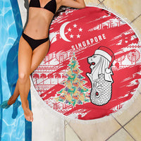 Singapore Christmas Beach Blanket with Merlion Santa Hat Batik Christmas Tree and City Skyline Design - Wonder Print Shop