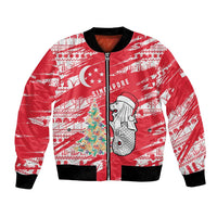 Singapore Christmas Bomber Jacket with Merlion Santa Hat Batik Christmas Tree and City Skyline Design - Wonder Print Shop
