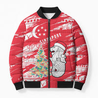 Singapore Christmas Bomber Puffer Jacket with Merlion Santa Hat Batik Christmas Tree and City Skyline Design - Wonder Print Shop