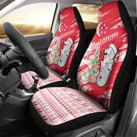 Singapore Christmas Car Seat Cover with Merlion Santa Hat Batik Christmas Tree and City Skyline Design - Wonder Print Shop