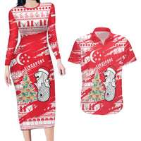 Singapore Christmas Couples Matching Long Sleeve Bodycon Dress and Hawaiian Shirt with Merlion Santa Hat Batik Christmas Tree and City Skyline Design - Wonder Print Shop