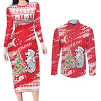 Singapore Christmas Couples Matching Long Sleeve Bodycon Dress and Long Sleeve Button Shirt with Merlion Santa Hat Batik Christmas Tree and City Skyline Design - Wonder Print Shop