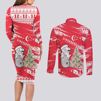 Singapore Christmas Couples Matching Long Sleeve Bodycon Dress and Long Sleeve Button Shirt with Merlion Santa Hat Batik Christmas Tree and City Skyline Design - Wonder Print Shop