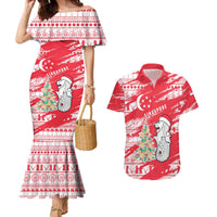 Singapore Christmas Couples Matching Mermaid Dress and Hawaiian Shirt with Merlion Santa Hat Batik Christmas Tree and City Skyline Design - Wonder Print Shop